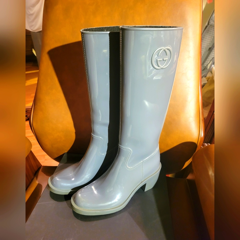 Gucci Gray Rubber Knee-High Wellington Boots size 36 IT 6 US